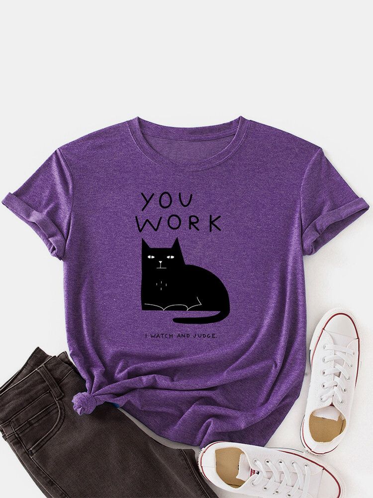 Camisetas De Manga Corta Con Cuello Redondo Y Estampado De Letras De Gato Para Mujer