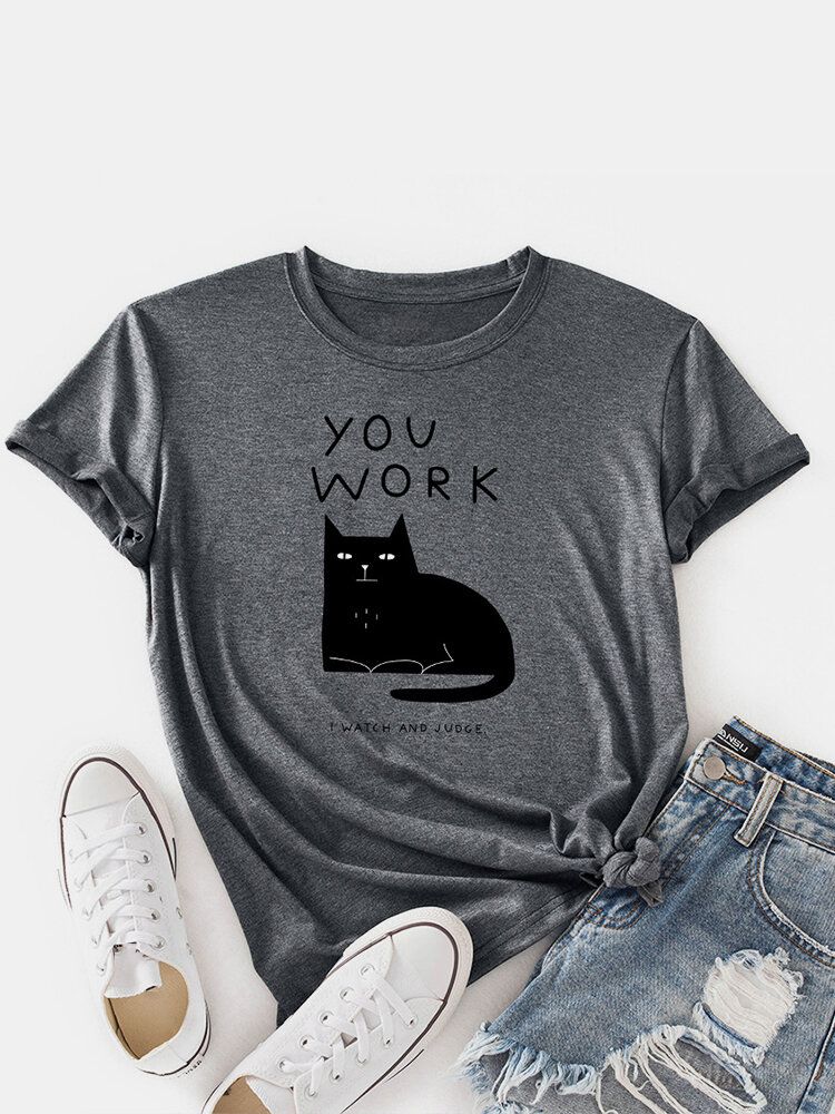 Camisetas De Manga Corta Con Cuello Redondo Y Estampado De Letras De Gato Para Mujer