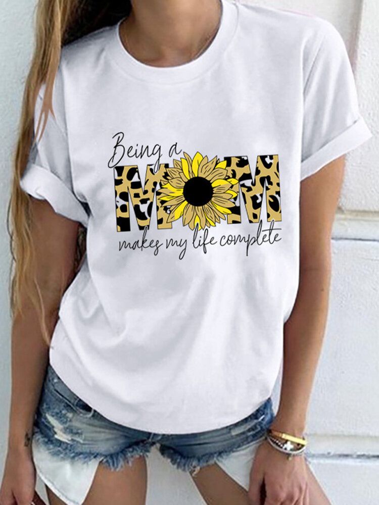 Camisetas De Manga Corta Con Cuello Redondo Y Estampado De Letras De Leopardo De Flores Para Mujer