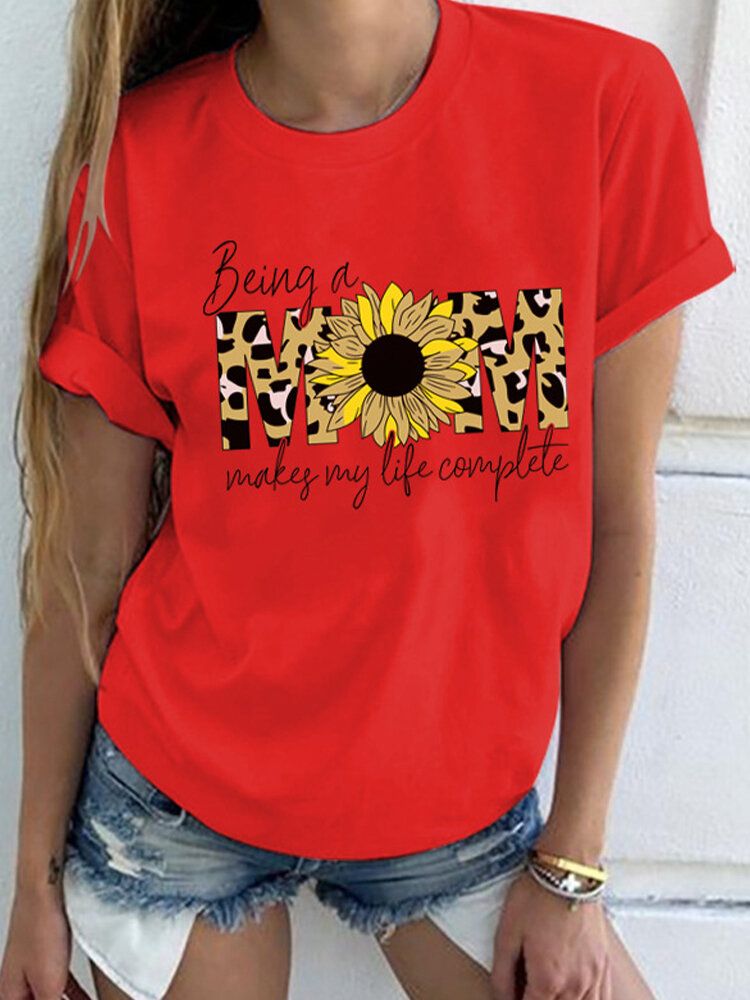 Camisetas De Manga Corta Con Cuello Redondo Y Estampado De Letras De Leopardo De Flores Para Mujer