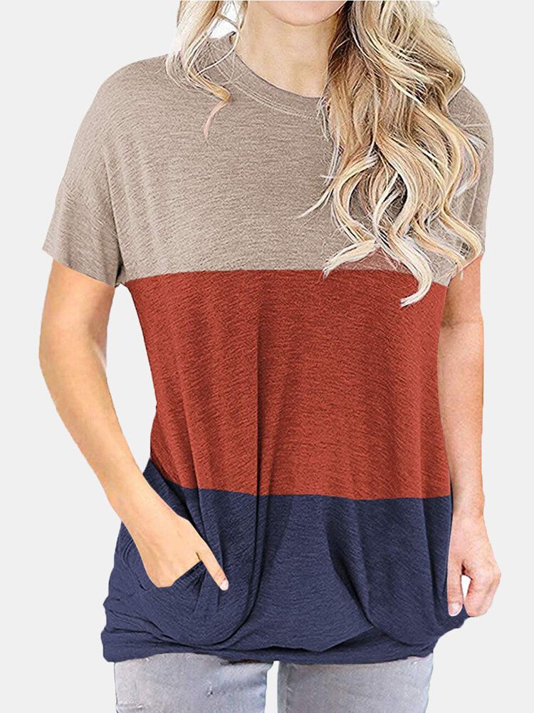 Camisetas De Manga Corta Con Cuello Redondo Y Patchwork Colorblock Para Mujer