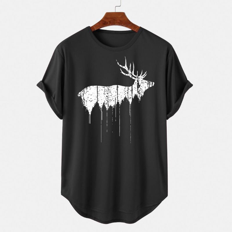 Camisetas De Manga Corta Con Dobladillo Curvo Con Estampado De Alces Y Diseño Navideño Para Hombre