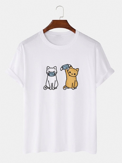 Camisetas De Manga Corta Con Estampado De Gato De Dibujos Animados Divertidos 100% Algodón Para Hombre