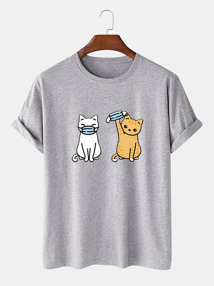 Camisetas De Manga Corta Con Estampado De Gato De Dibujos Animados Divertidos 100% Algodón Para Hombre