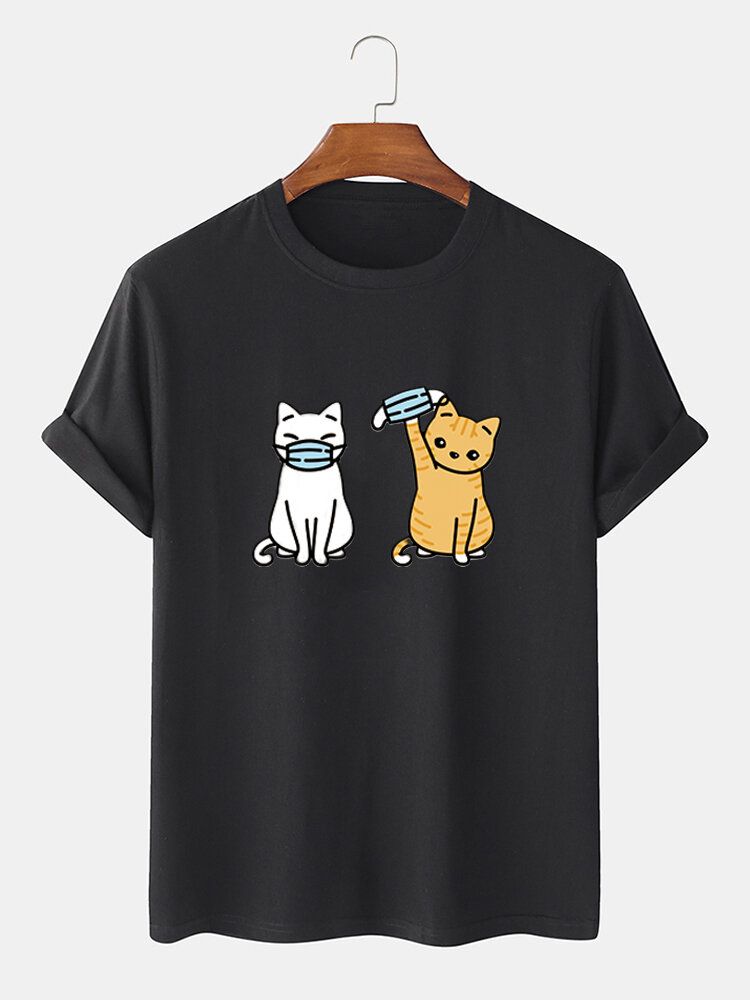 Camisetas De Manga Corta Con Estampado De Gato De Dibujos Animados Divertidos 100% Algodón Para Hombre