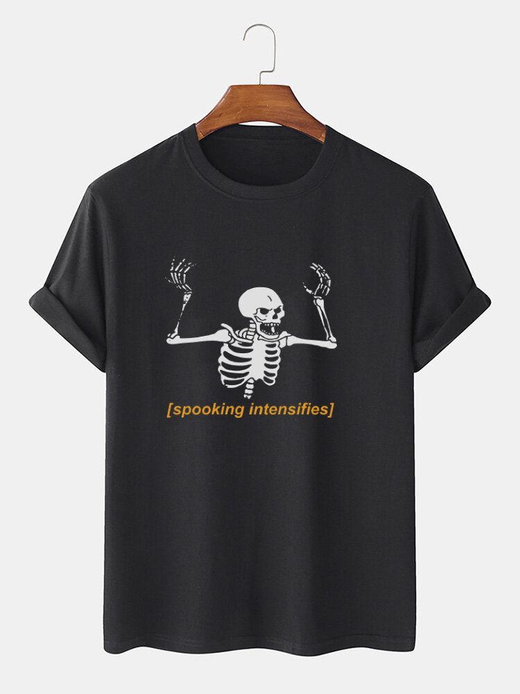 Camisetas De Manga Corta Con Estampado De Letras Esqueléticas De Halloween 100% Algodón Para Hombre