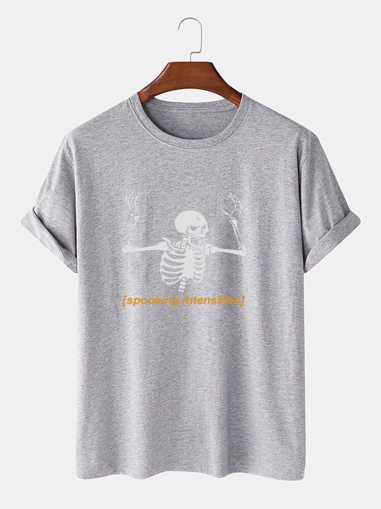 Camisetas De Manga Corta Con Estampado De Letras Esqueléticas De Halloween 100% Algodón Para Hombre