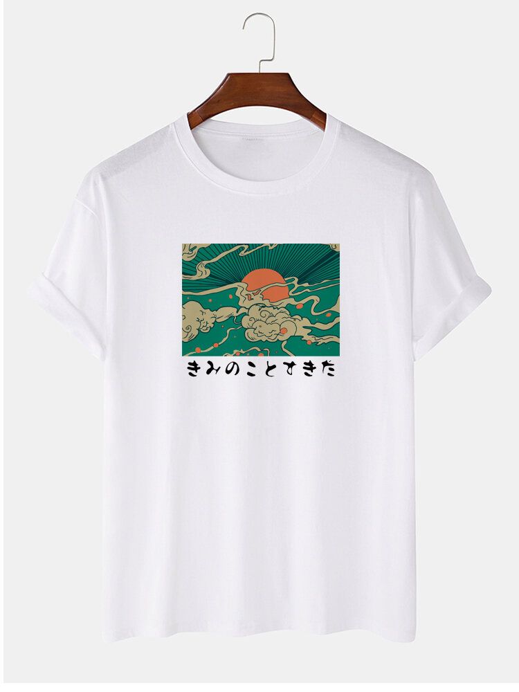 Camisetas De Manga Corta De Cuello Redondo Con Estampado De Ukiyoe 100% Algodón Para Hombre