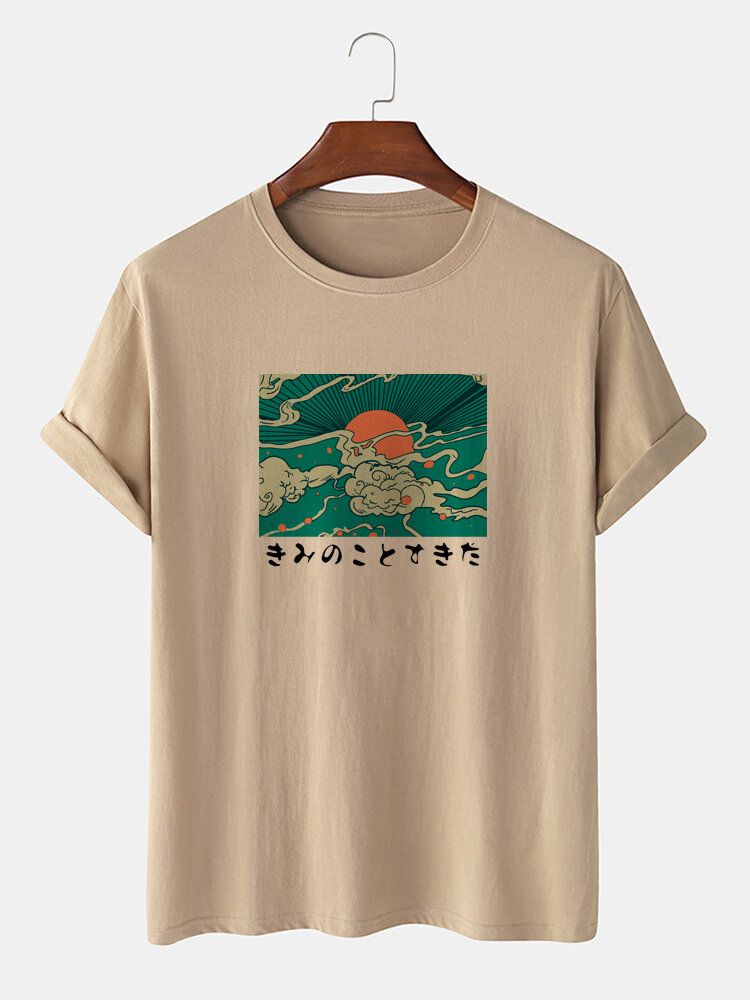 Camisetas De Manga Corta De Cuello Redondo Con Estampado De Ukiyoe 100% Algodón Para Hombre