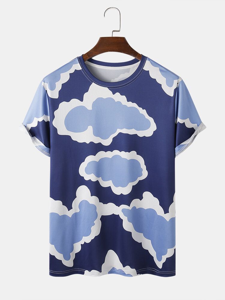 Camisetas De Manga Corta Holgadas Con Cuello Redondo Y Estampado De Nubes Para Hombre