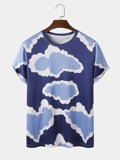 Camisetas De Manga Corta Holgadas Con Cuello Redondo Y Estampado De Nubes Para Hombre