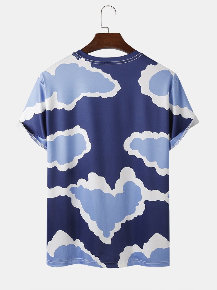 Camisetas De Manga Corta Holgadas Con Cuello Redondo Y Estampado De Nubes Para Hombre