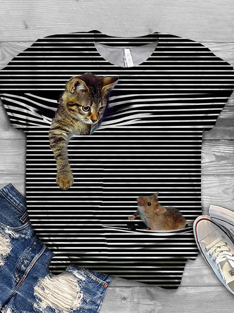 Camisetas De Manga Corta Informales Con Cuello Redondo Y Estampado A Rayas De Animales Con Gatos En 3d Para Mujer