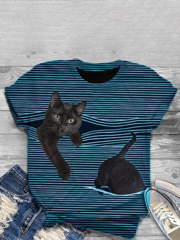 Camisetas De Manga Corta Informales Con Cuello Redondo Y Estampado A Rayas De Animales Con Gatos En 3d Para Mujer