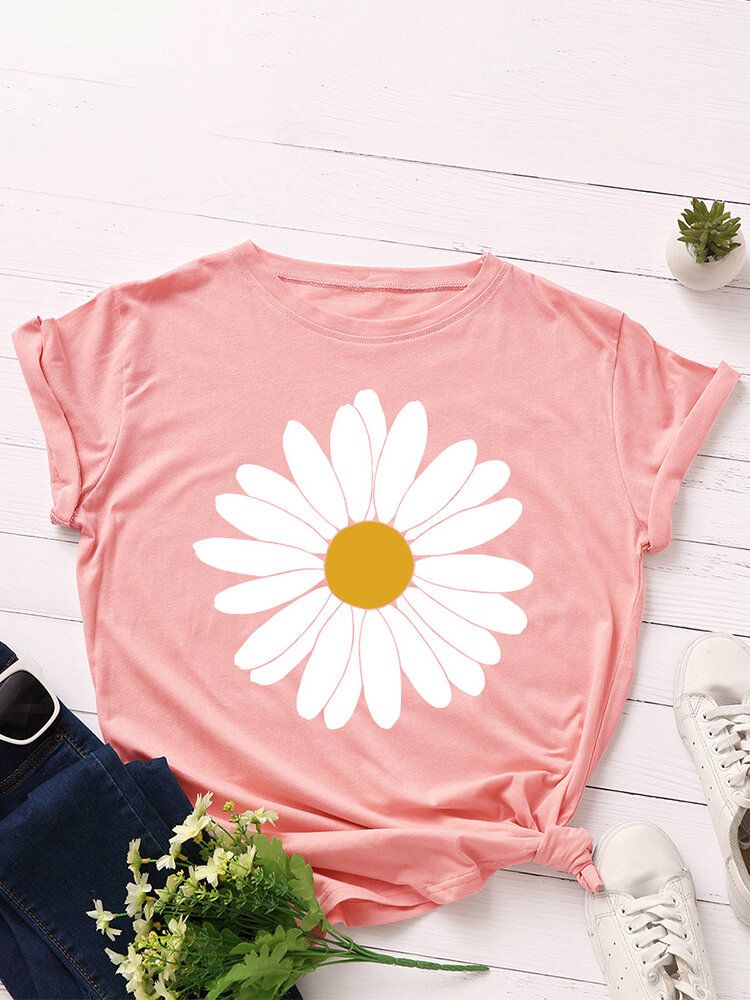 Camisetas De Manga Corta Informales Con Cuello Redondo Y Estampado Floral De Margaritas Para Mujer