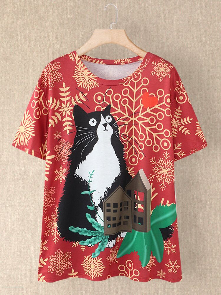 Camisetas De Manga Corta Informales Con Cuello Redondo Y Estampado De Gato De Dibujos Animados Para Mujer