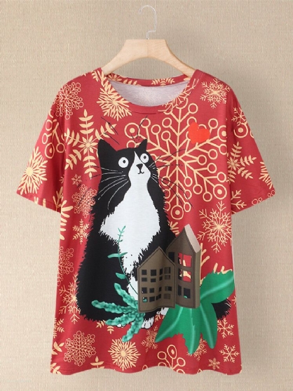 Camisetas De Manga Corta Informales Con Cuello Redondo Y Estampado De Gato De Dibujos Animados Para Mujer