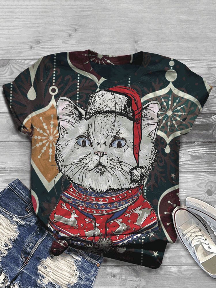 Camisetas De Manga Corta Informales Con Cuello Redondo Y Estampado De Gato De Dibujos Animados Para Mujer