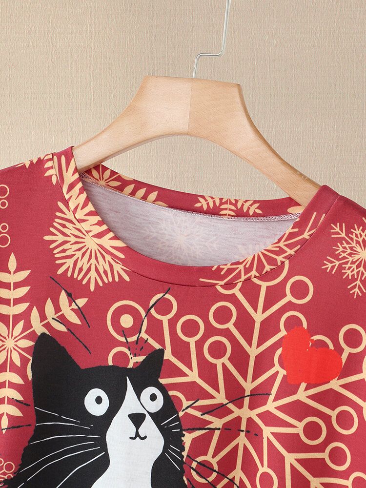 Camisetas De Manga Corta Informales Con Cuello Redondo Y Estampado De Gato De Dibujos Animados Para Mujer