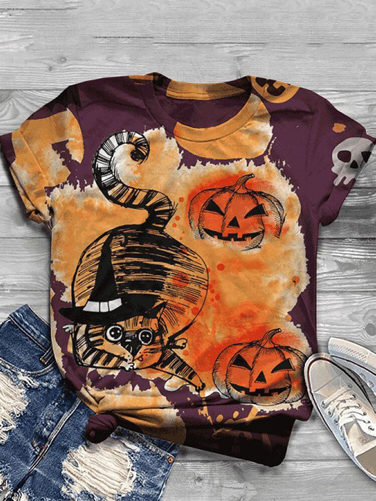 Camisetas De Manga Corta Informales Con Estampado De Calabaza Divertida De Halloween Para Mujer