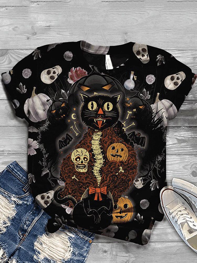 Camisetas De Manga Corta Informales Con Estampado De Calabaza Divertida De Halloween Para Mujer