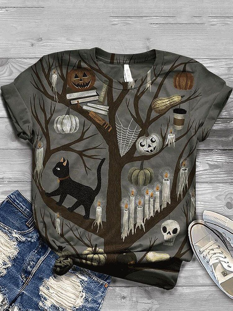 Camisetas De Manga Corta Informales Con Estampado De Calabaza Divertida De Halloween Para Mujer