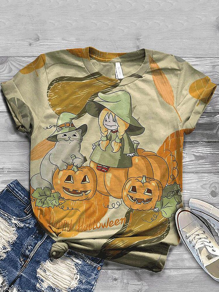 Camisetas De Manga Corta Informales Con Estampado De Calabaza Divertida De Halloween Para Mujer