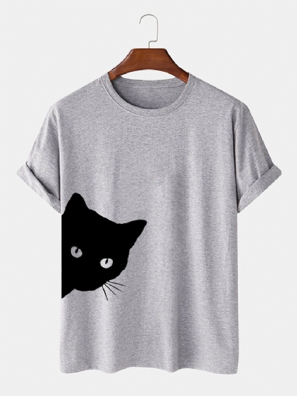 Camisetas De Manga Corta Informales Transpirables Con Estampado De Gato De Dibujos Animados Lindo 100% Algodón Para Hombre