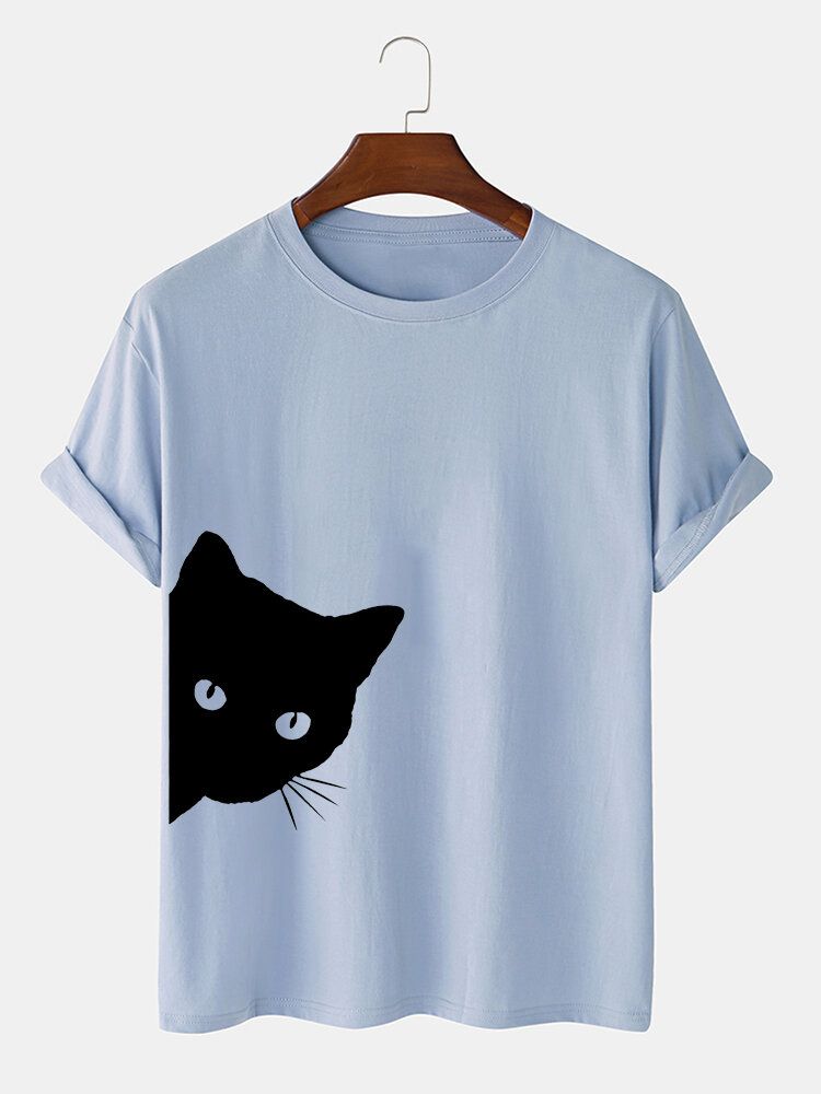 Camisetas De Manga Corta Informales Transpirables Con Estampado De Gato De Dibujos Animados Lindo 100% Algodón Para Hombre