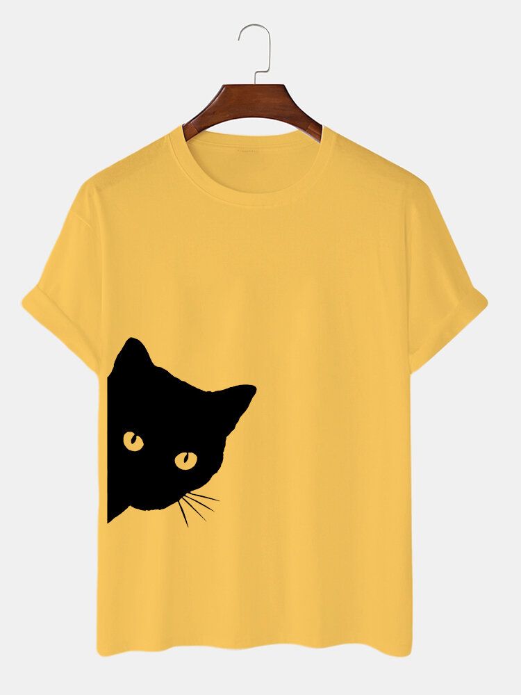 Camisetas De Manga Corta Informales Transpirables Con Estampado De Gato De Dibujos Animados Lindo 100% Algodón Para Hombre