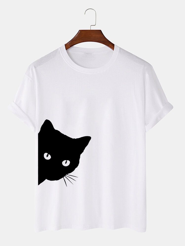 Camisetas De Manga Corta Informales Transpirables Con Estampado De Gato De Dibujos Animados Lindo 100% Algodón Para Hombre