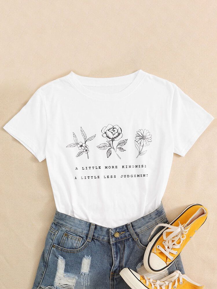 Camisetas De Manga Corta Lisas Con Cuello Redondo Y Estampado Floral Para Mujer