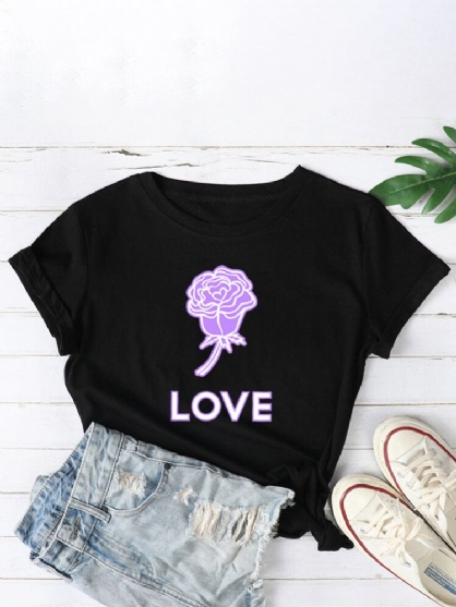 Camisetas De Manga Corta Sencillas Con Cuello Redondo Y Gráfico De Rose Love Para Mujer