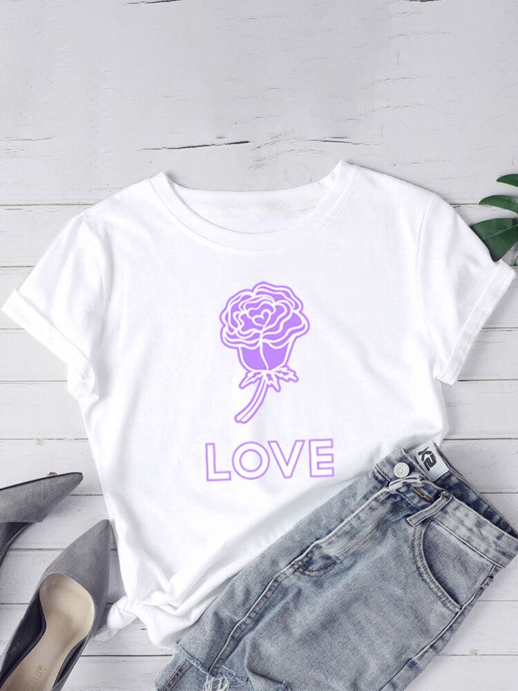 Camisetas De Manga Corta Sencillas Con Cuello Redondo Y Gráfico De Rose Love Para Mujer