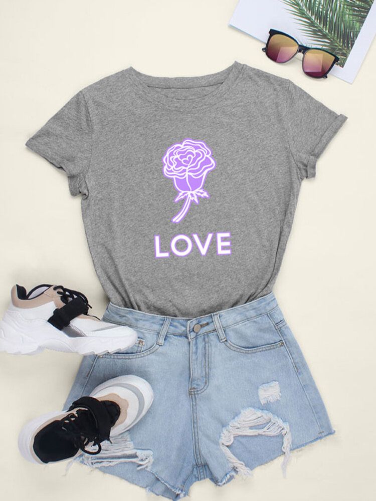 Camisetas De Manga Corta Sencillas Con Cuello Redondo Y Gráfico De Rose Love Para Mujer