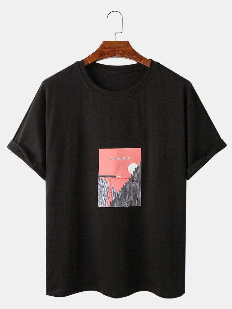 Camisetas De Manga Corta Sueltas De Algodón Con Estampado Gráfico De Paisaje Para Hombre