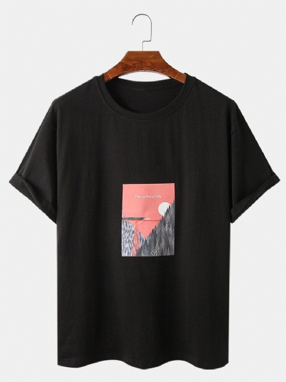 Camisetas De Manga Corta Sueltas De Algodón Con Estampado Gráfico De Paisaje Para Hombre