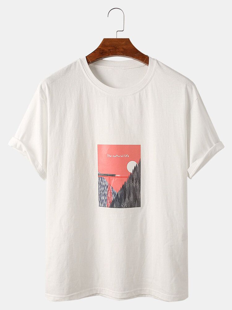 Camisetas De Manga Corta Sueltas De Algodón Con Estampado Gráfico De Paisaje Para Hombre