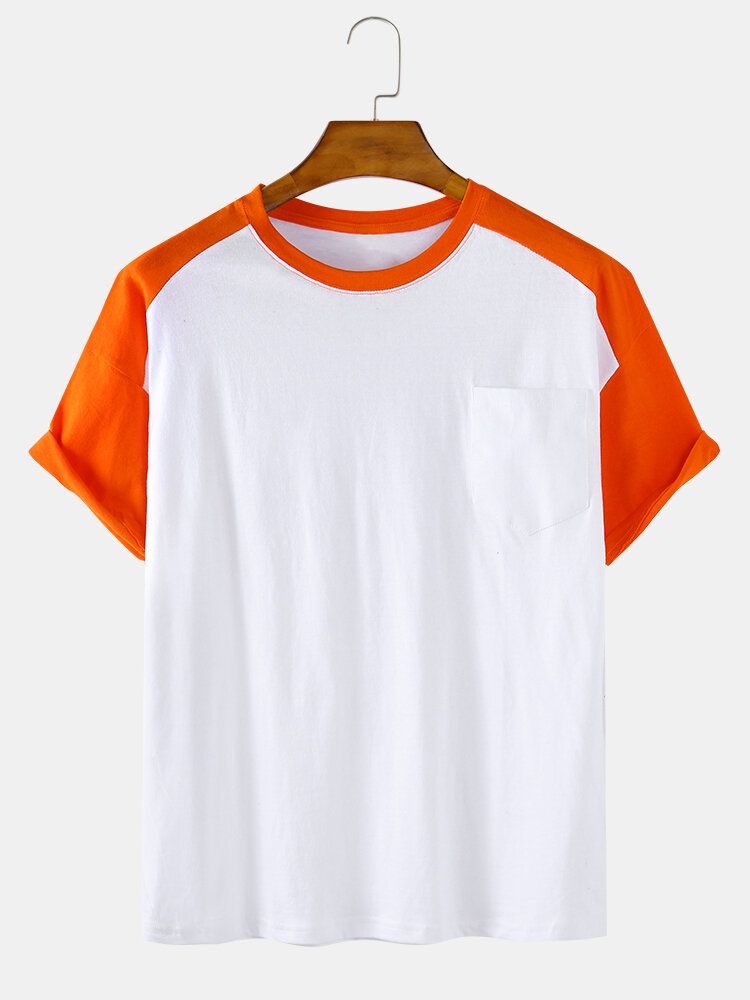 Camisetas De Manga Corta Sueltas Con Cuello Redondo De Algodón Para Hombre Con Bolsillo