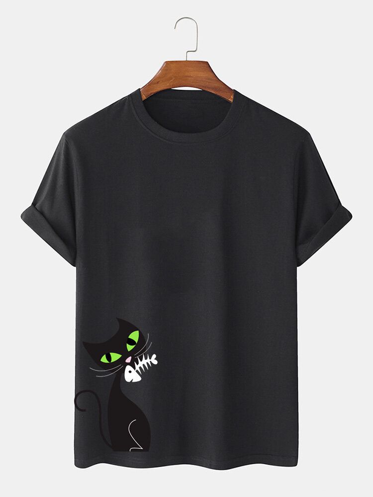 Camisetas De Manga Corta Transpirables De Algodón Con Estampado De Gato Negro De Dibujos Animados