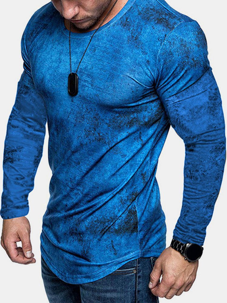 Camisetas De Manga Larga Con Cuello Redondo Acanalado Y Estampado Tie-dye Para Hombre