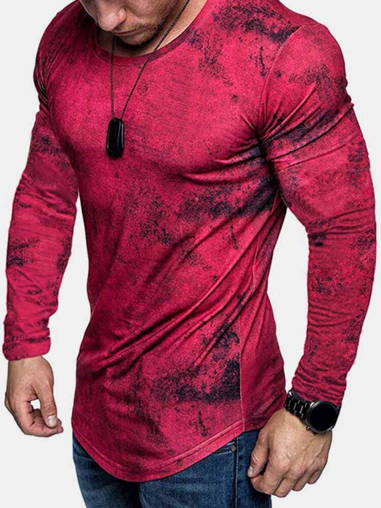 Camisetas De Manga Larga Con Cuello Redondo Acanalado Y Estampado Tie-dye Para Hombre