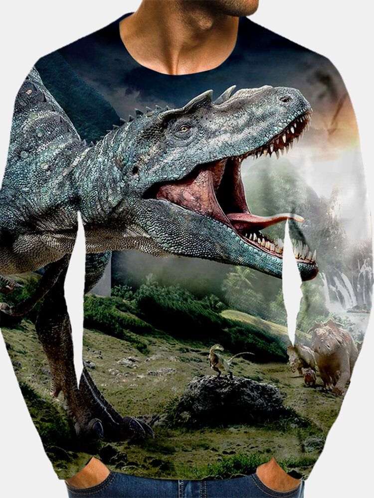 Camisetas De Manga Larga Con Cuello Redondo Y Estampado De Dinosaurio 3d Para Hombre