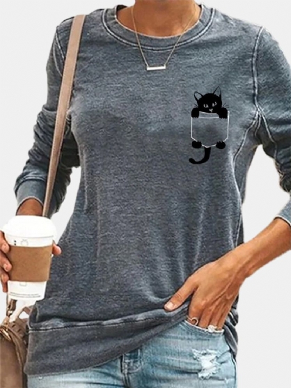 Camisetas De Manga Larga Con Cuello Redondo Y Estampado De Gato Negro En Pecho Simple Para Mujer