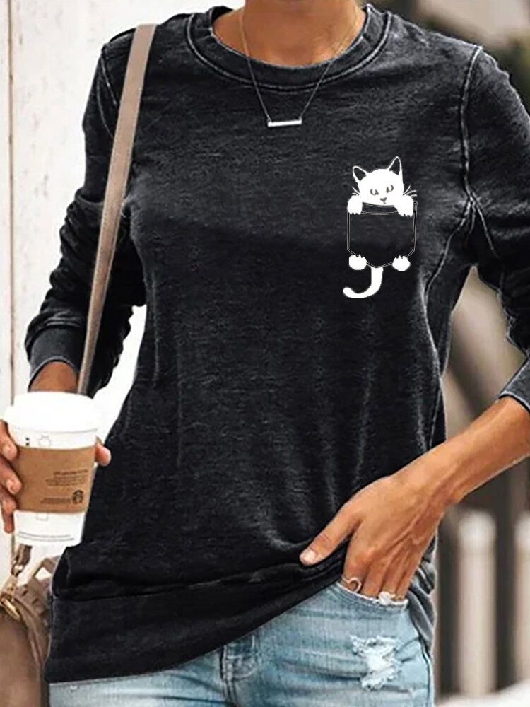 Camisetas De Manga Larga Con Cuello Redondo Y Estampado De Gato Negro En Pecho Simple Para Mujer