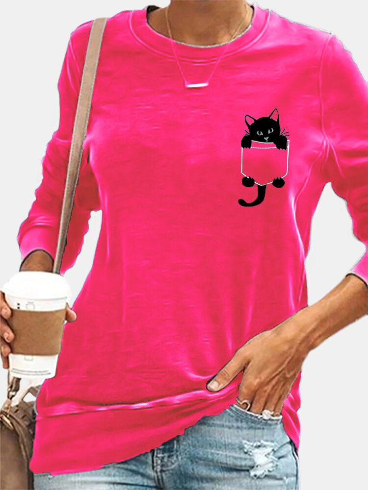 Camisetas De Manga Larga Con Cuello Redondo Y Estampado De Gato Negro En Pecho Simple Para Mujer