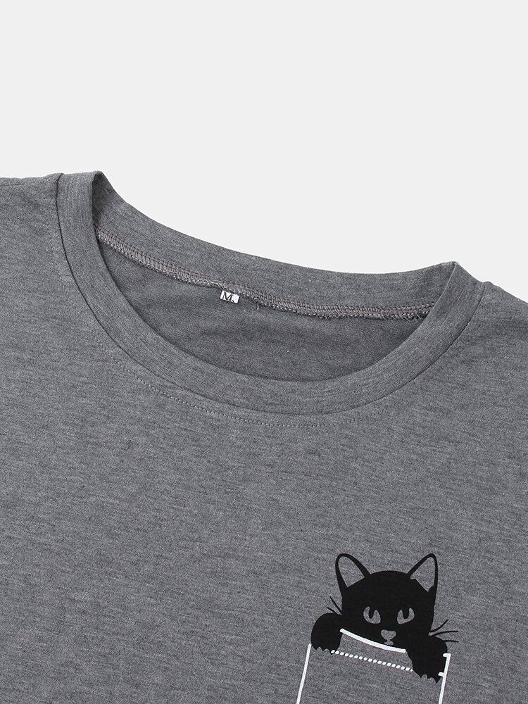 Camisetas De Manga Larga Con Cuello Redondo Y Estampado De Gato Negro En Pecho Simple Para Mujer