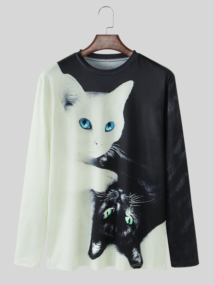 Camisetas De Manga Larga Con Diseño De Jersey Con Estampado De Gato Para Hombre