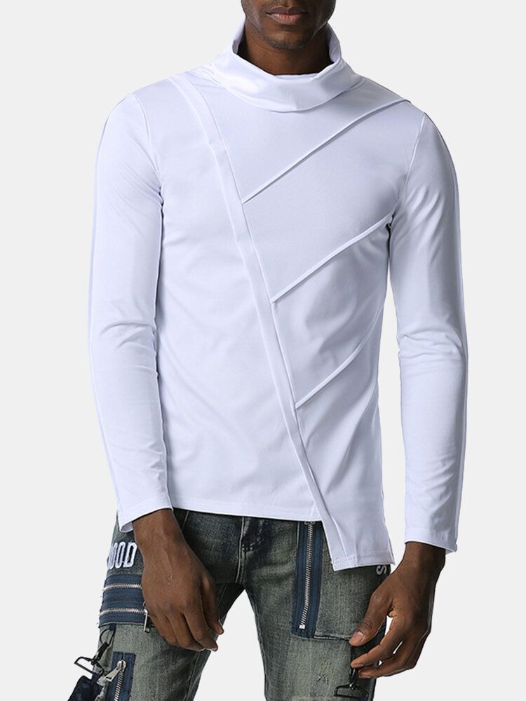 Camisetas De Manga Larga Con Dobladillo Asimétrico De Cuello Alto De Color Sólido Simple Para Hombre