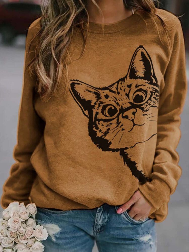 Camisetas De Manga Larga Sueltas Con Cuello Redondo Y Estampado De Gato De Dibujos Animados Lindo Para Mujer